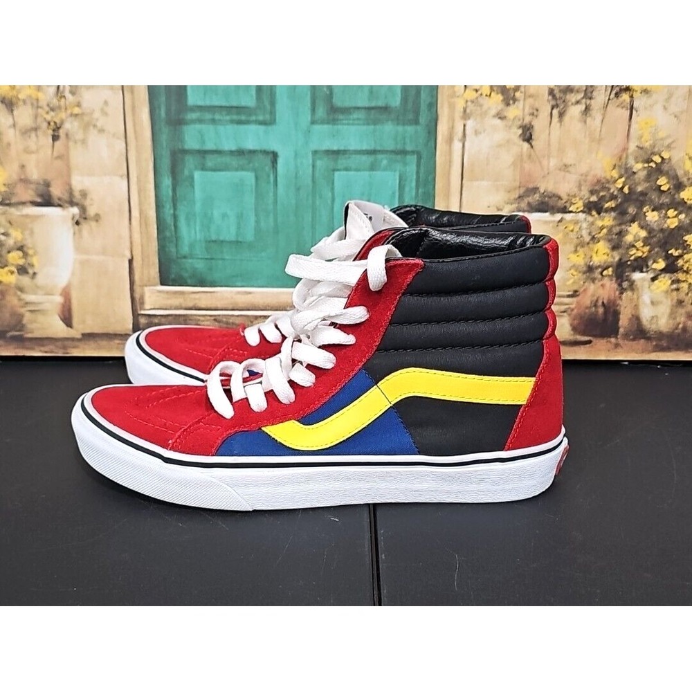 VANS Men's Sk8-Hi Rally Red Blue Yellow Colorblock Skateboarding Men's Sz 7 W8.5
